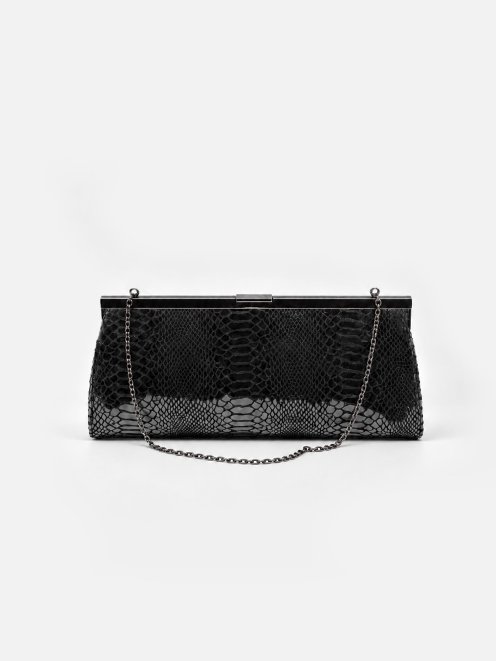 DANIER Black Snake-Embossed Leather Evening Clutch Chain Strap Frame Bag